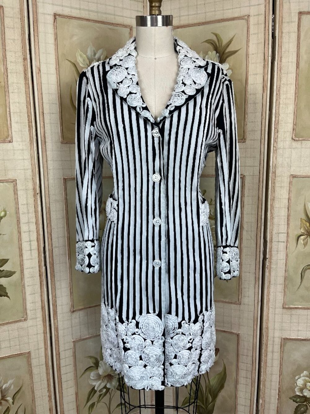 Samuel Dong Black & White Striped Jacket w/ Floral Applique